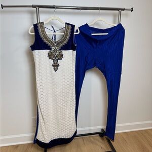 Elegant Blue and White Embroidered Dress with Pants